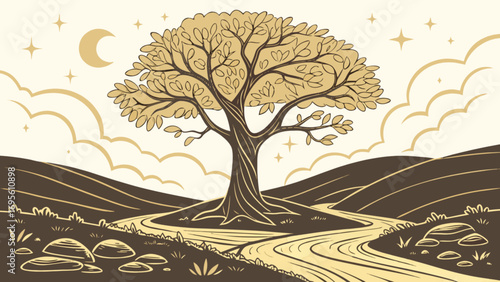Illustration of a tree of life with moon and stars in a landscape drawing for graphic design art