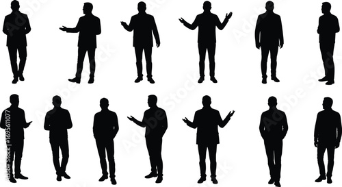 Businessman silhouettes, professional men standing, office communication, corporate discussion, leadership, teamwork, business poses, manager illustration, meeting concept, presentation, negotiation