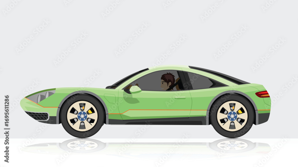 Fototapeta premium Concept vector illustration of detailed side of a flat soft green sport car. Can view interior of car with driver man. 