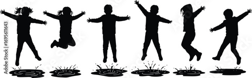 Children jumping in puddles silhouette, kids playing outdoors, fun water splash, childhood activity, happy moment, outdoor playtime, vector illustration design