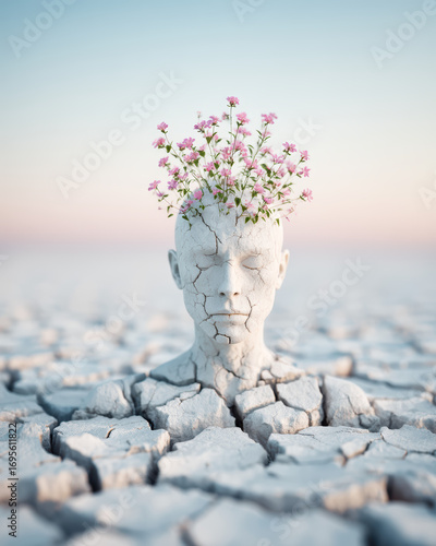 A surreal image of a cracked head emerging from dry earth, adorned with blooming flowers, symbolizing growth and resilience amidst desolation.