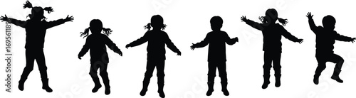 Children jumping silhouette, kids playing outdoors, happy childhood activity, fun energy, outdoor lifestyle, playful moment, vector illustration design, black silhouette