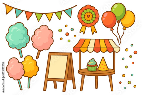 Carnival party vector illustration set. Cute cartoon collection of festival elements like cotton candy, market stall, cupcake, balloons, blank sign, and festive decorations.