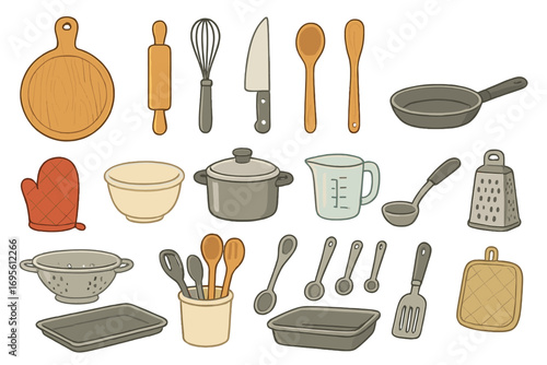 Vector collection of kitchen utensils for cooking. Big set of baking tools icons. Cartoon illustration of cookware and kitchenware for culinary design, isolated objects.