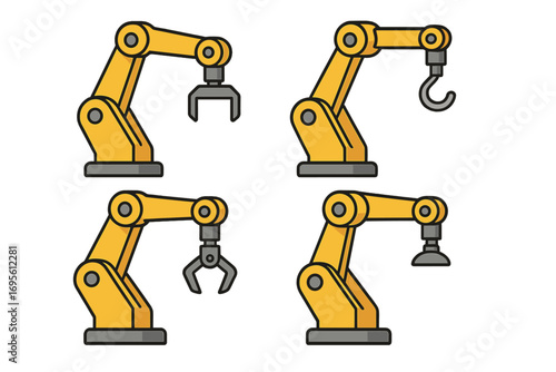 Industrial robotic arm vector icon set. Manipulator for factory automation, assembly line. Machine technology concept. Collection with gripper, claw, hook and vacuum suction.