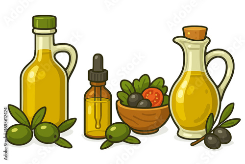 Olive oil set vector illustration. Collection of extra virgin olive oil in bottle, cruet, dropper. Fresh green and black olives, salad. Healthy cooking, Mediterranean diet concept.