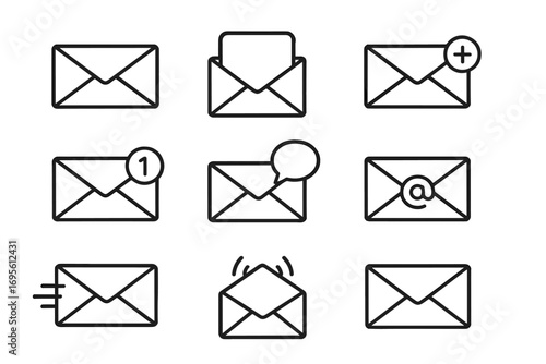 Mail envelope icon set for email messaging. Vector line art collection with open, new, send, and chat notification symbols for web and mobile app user interface design.