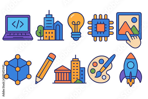 Colorful business icon set. Vector illustrations for tech, startup, innovation, creativity, coding, art, architecture, and science. Modern flat design elements for web.