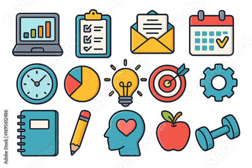 Productivity and wellness icon collection. Business strategy, time management, task list, goals, and ideas. Healthy lifestyle, fitness and mental health symbols. Vector set.
