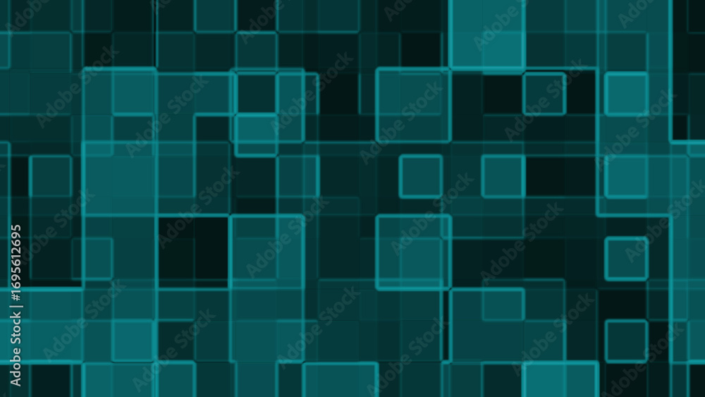Fototapeta premium Glowing Teal Square Overlays on a Dark Surface. Technology and Cyber Security Concept. 