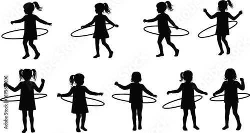 Children playing with hula hoop silhouette, girls outdoor activity, fun exercise, playful moment, childhood fitness, vector illustration, black silhouette design
