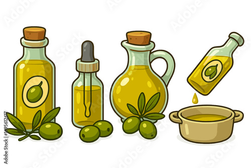 Set of olive oil glass bottles, jug and dropper for cosmetic or cooking. Pouring oil into a bowl for healthy food. Natural organic green olives. Vector cartoon illustration.
