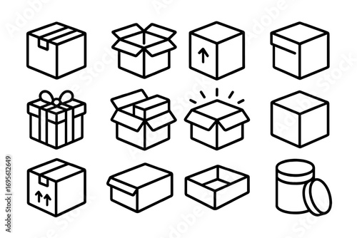 Box line icon set. Packaging, delivery and shipping symbols. Open, closed, gift and cardboard box vector collection. Parcel container outline pictograms for logistics.