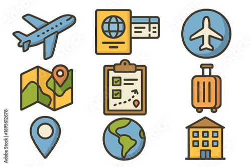 Travel and tourism icon set for vacation planning. Vector symbols for journey, flight, passport, ticket, map navigation, itinerary, luggage, and hotel accommodation booking.