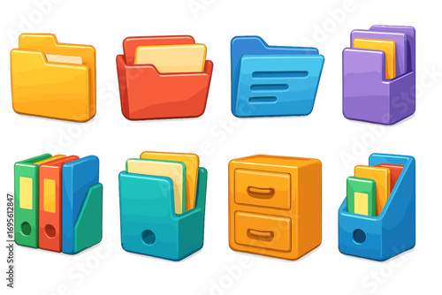Colorful 3d icons file folders and organizers. Vector cartoon illustration for data management, document storage, office administration. Web UI elements. Archive and binder set.