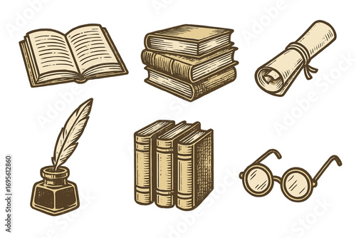 Vintage literary icons set. Vector collection of books, quill pen, inkwell, scroll, and glasses. Retro-style illustration for education, library, or history concepts.