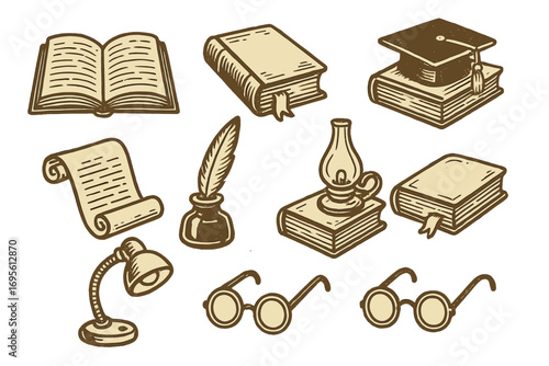 Retro literary collection of hand-drawn icons. Vintage book, quill pen, inkwell, scroll, glasses, lamp, and graduation cap. Grunge vector set for education or a writer.