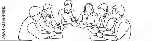 Continuous line art of business team meeting, professional discussion, office collaboration, teamwork concept, corporate planning, brainstorming session, diverse group, workplace communication
