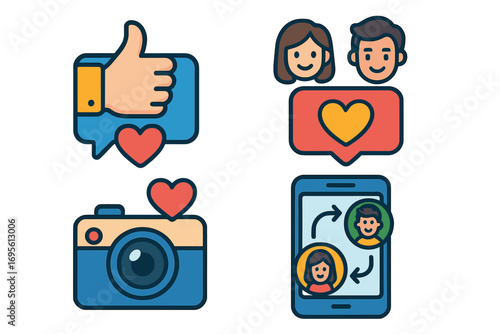 Social media icons set for engagement and connection. Vector illustration of like, love, chat, and photo sharing. Concept for online dating, communication, and networking app.
