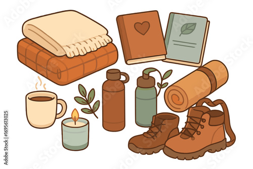 Cartoon vector set of self-care and hiking items. Cozy hygge lifestyle with blanket, coffee, candle, book. Gear for outdoor adventure, wellness, mental health, mindfulness.