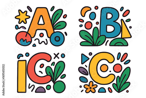 Creative abstract alphabet letter set A, B, C. Colorful cartoon font with shapes, leaves, and floral elements. Vector illustration for kids. Playful typography design.