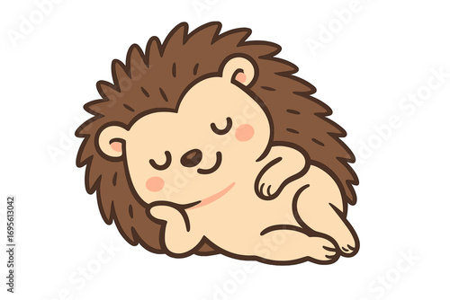 Cute cartoon hedgehog sleeping peacefully. Sweet animal character resting in a relaxed pose. Adorable kawaii mascot dreaming. Simple vector icon isolated on white background.