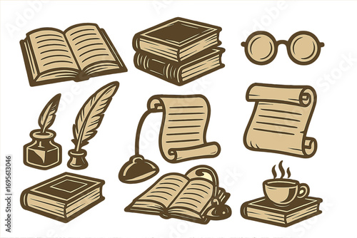 Vintage literary icon set with books, quill pen, inkwell, scroll, and glasses. Retro vector illustration for library, education, and reading concepts. Old paper writer tools collection.