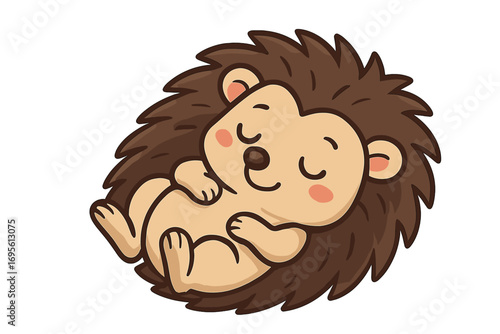 Cute cartoon hedgehog resting peacefully. A happy sleeping animal in a relaxed pose. Simple vector character design. Adorable woodland mammal mascot for kids. Isolated illustration.