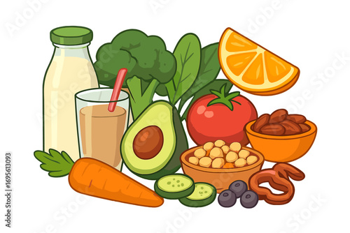 Healthy food collection for a plant-based diet. Vegan and vegetarian lifestyle concept. Fresh organic vegetables, fruits, nuts and smoothie. Nutrition vector illustration.