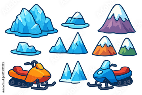Winter vector set with cartoon snowmobiles, icebergs and snowy mountains. Colorful icons for arctic adventure, extreme sports and travel design. Isolated graphic elements.