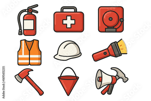 Emergency preparedness icon set. Essential safety equipment for workplace and public safety response. Vector cartoon collection with fire extinguisher, first aid kit, alarm, hard hat.
