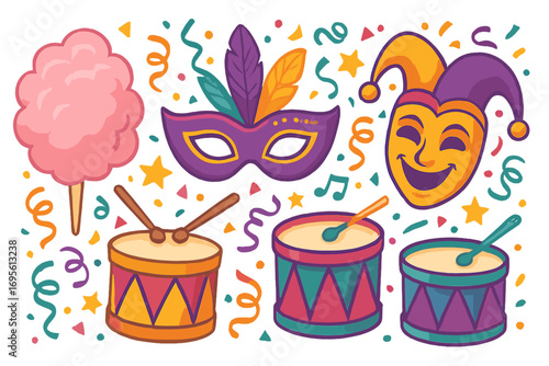 Vibrant carnival element set with jester and Venetian masks, drums, and cotton candy. Festive vector clip art collection for Mardi Gras, festival, or party celebration.