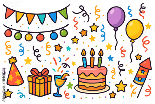 Happy Birthday party elements set. Cartoon vector icon collection for celebration. Festive decoration with cake, candle, balloon, gift, confetti, firework, garland. Doodle style.