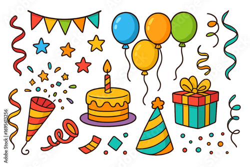 Birthday party elements set. Vector cartoon collection of festive icons. Cake, balloon, gift box, confetti popper, party hat, and garland for celebration design. Doodle style.