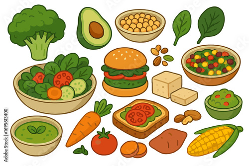 Plant-based food collection. Healthy vegan diet set with vegetarian dishes. Vector cartoon illustration of veggie burger, avocado toast, salad, tofu, broccoli and corn.