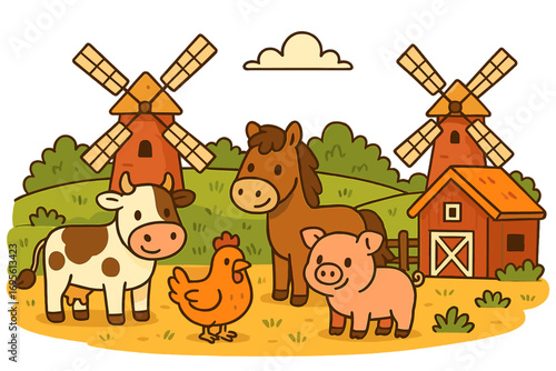 Farm animals life illustration. Cute cartoon livestock set with cow, horse, pig, chicken. Countryside background with barn, windmill. Vector graphic for kids. Agriculture.