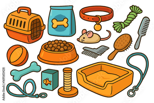 Pet shop accessories set. Cartoon vector collection of dog and cat care items. Food, toys, grooming tools, collar, leash, carrier. Animal supplies flat illustration.