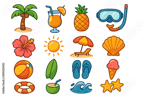 Summer vacation icon set. Vector cartoon collection of colorful beach and tropical travel elements. Holiday design symbols. Palm, cocktail, pineapple, sun, shell, surfboard.
