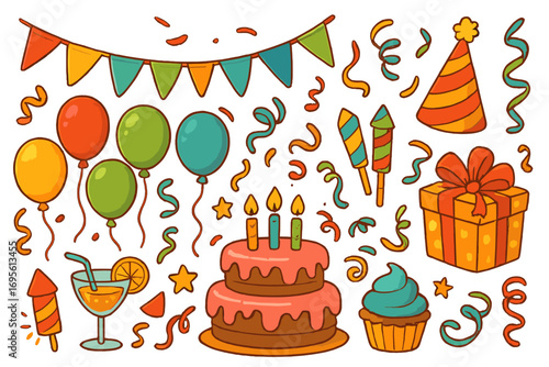 Party celebration vector icon set. Colorful cartoon illustration for birthday. Includes cake with candles, balloons, gift, cupcake, party hat, confetti and fireworks.