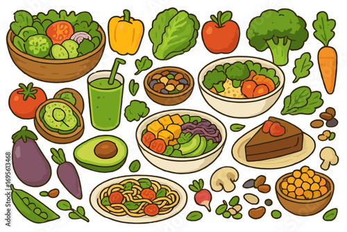Plant-based food collection. Vegan meals and healthy vegetables icon set. Cartoon vector illustration for nutrition, diet and clean eating. Buddha bowl, salad, pasta.
