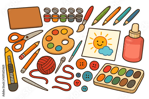 Art and craft supplies set for creativity and hobby. School tools for drawing and painting like palette, brush, pencil, scissors, and yarn. DIY concept vector cartoon illustration.