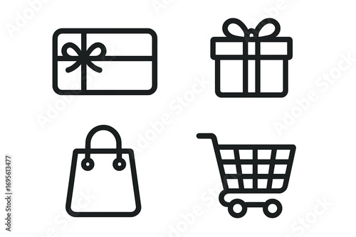 Shopping icon set with gift card, present box, bag, and cart. Simple line art symbols for retail, e-commerce, online store, sale, and discount promotion. Vector.