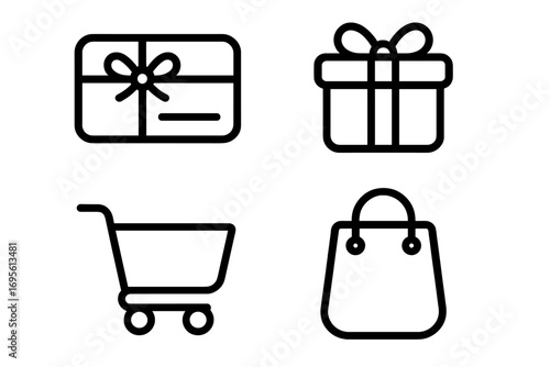 Retail and shopping icon set. Minimalist line art symbols. Gift card, voucher, present box, shopping cart, paper bag. Vector for e-commerce, online store, purchase, sale, consumerism.