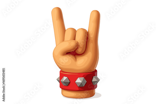 Rock on hand gesture in 3D cartoon style. Heavy metal music symbol with studded wristband. Vector devil horns sign for concert, party and festival. Isolated rock and roll icon.