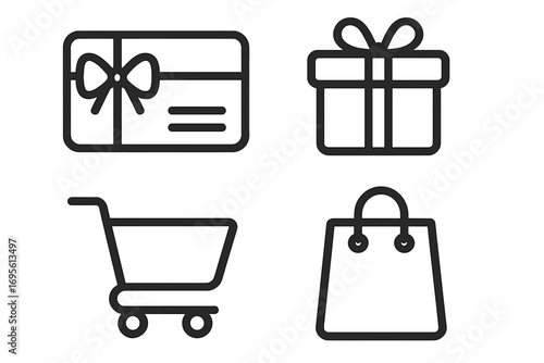 Shopping and retail icon set with gift card, present box, shopping cart, and bag symbols. Vector line art for e-commerce, web, and online store. Minimalist design.