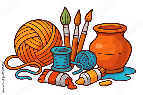 Creative arts and crafts tools concept with yarn, paint brushes, and pottery. Vector cartoon illustration of supplies for artistic hobbies like knitting, painting, and ceramics.
