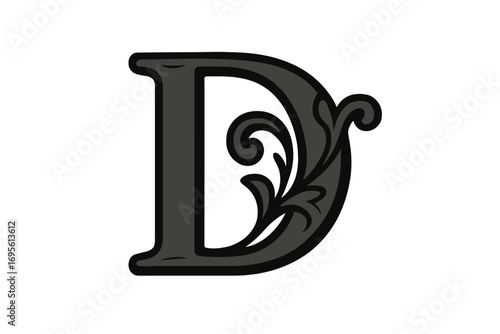 Elegant letter D monogram logo design. Vintage floral ornamental initial D. Classic serif font for luxury brand identity. Black decorative alphabet symbol with baroque flourishes.