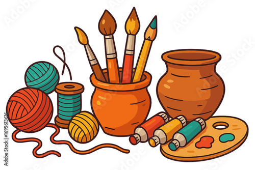 Art and craft supplies for a creative hobby. Vector cartoon with handmade pottery, knitting yarn, artist paint brushes, palette. DIY workshop or art studio concept illustration.