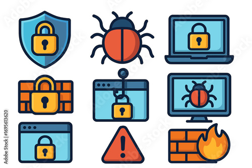 Cybersecurity icon set. Internet security concept. Data protection, virus, malware, bug, firewall, hacking, phishing. Vector cartoon illustration. Digital safety and privacy icons.