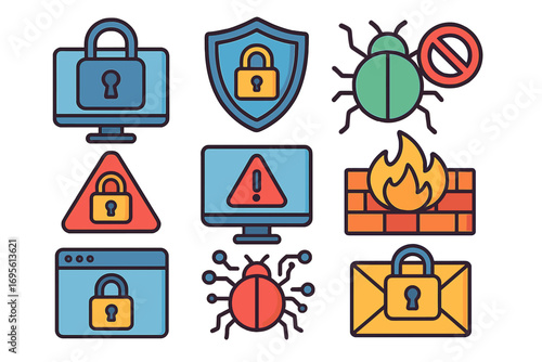 Cybersecurity icon set. Internet data protection and digital safety. Computer network defense concept. Vector symbols of firewall, virus, malware, bug, hacking, lock, shield.
